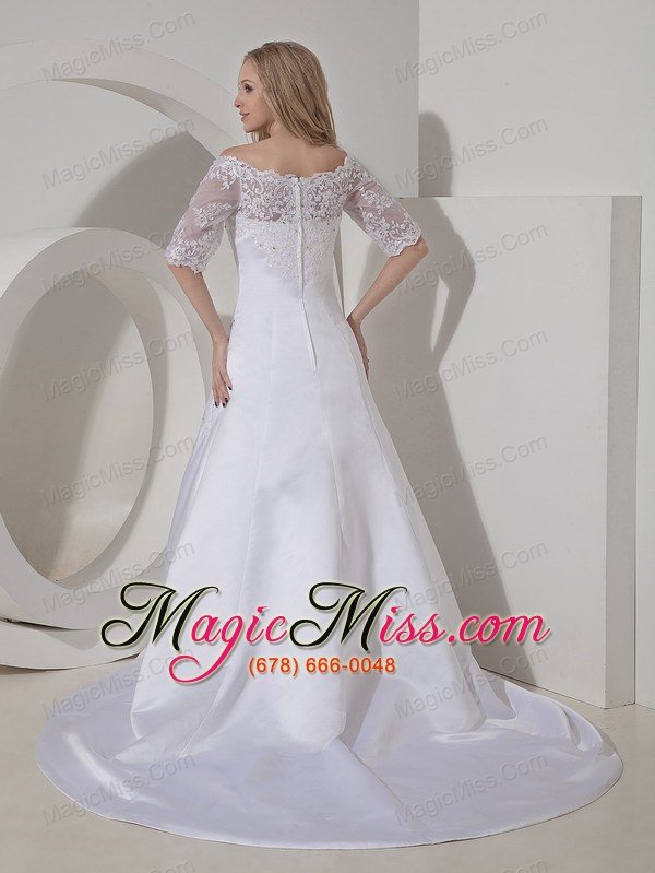 wholesale modest a-line scoop chapel train satin lace wedding dress