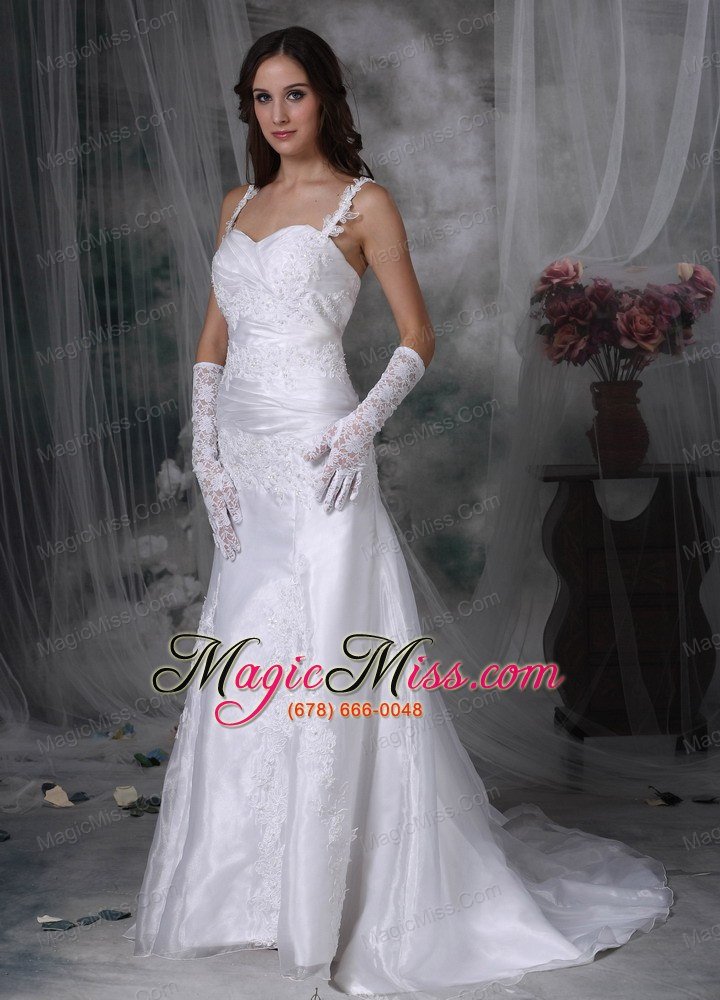 wholesale sweet a-line straps brush train organza appliques and ruch wedding dress