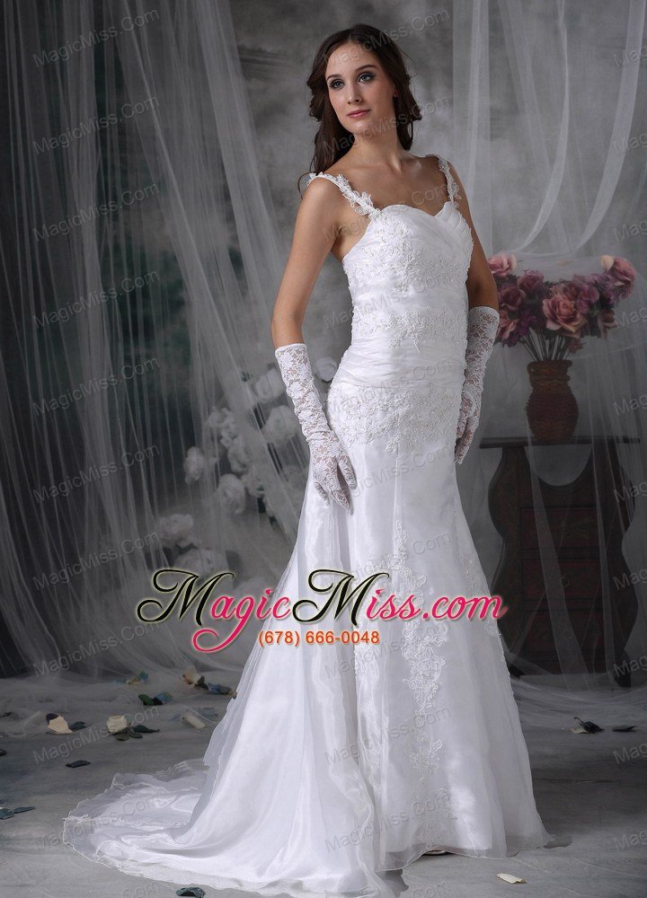 wholesale sweet a-line straps brush train organza appliques and ruch wedding dress