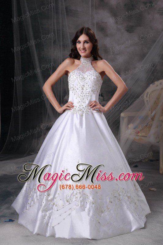 wholesale white a-line halter chapel train satin embroidery and beading wedding dress