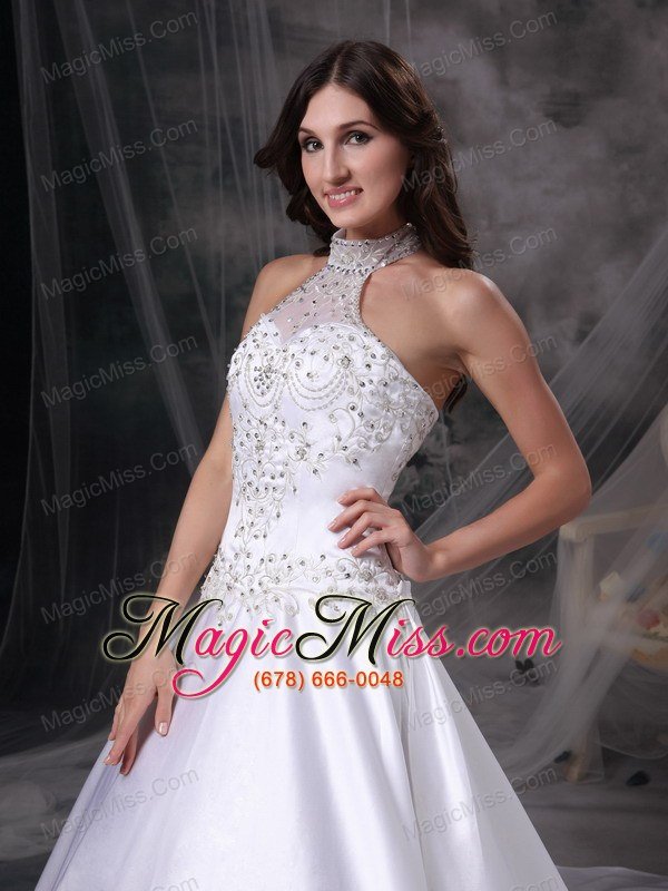 wholesale white a-line halter chapel train satin embroidery and beading wedding dress