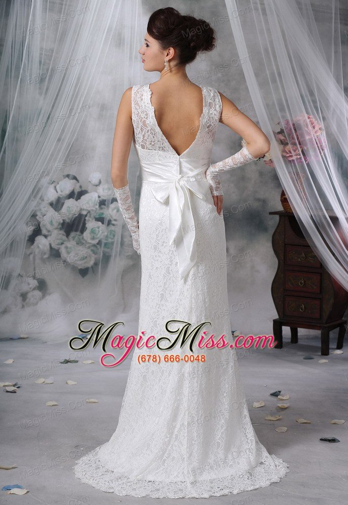 wholesale hampton iowa v-neck lace decorate bodice sash bowknot brush train wedding dress for 2013