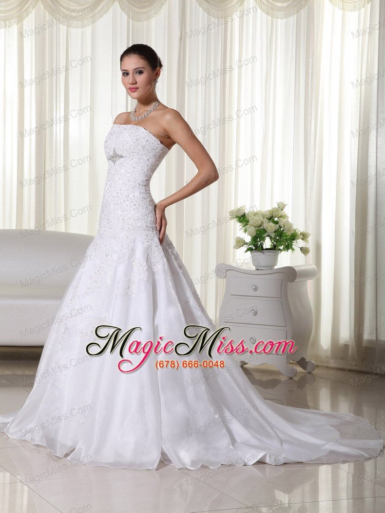 wholesale lovely mermaid strapless court train satin and organza lace wedding dress