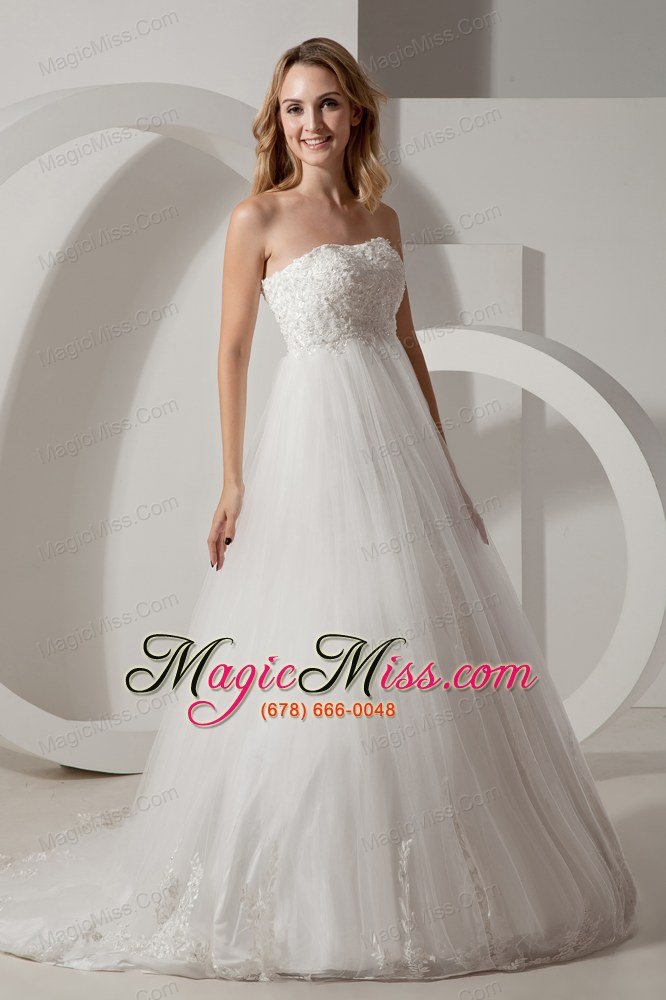 wholesale modest a-line strapless brush train taffeta and tulle appliques wedding dress