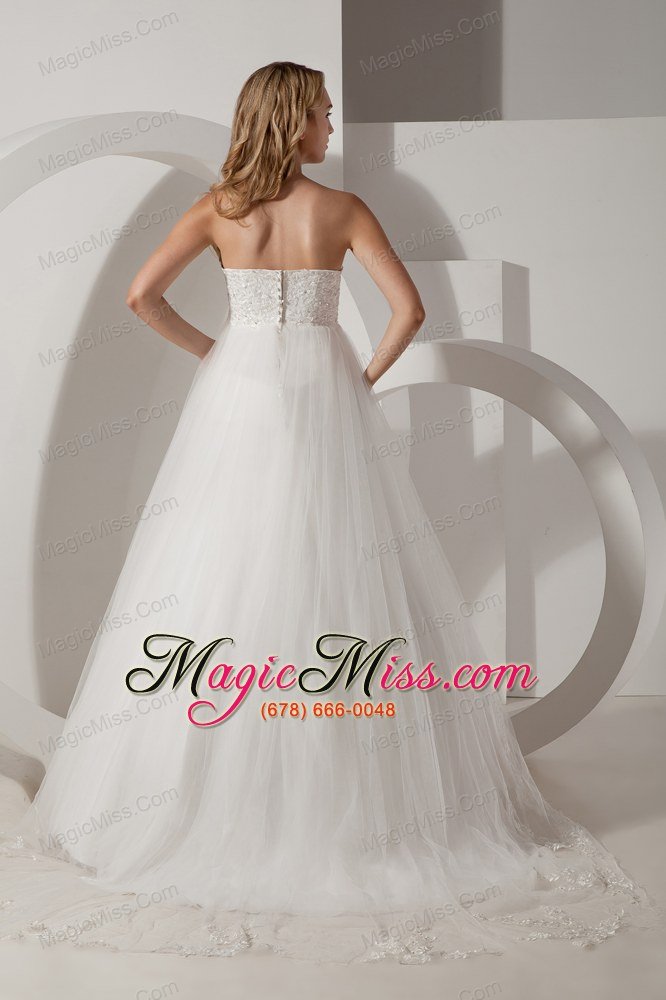 wholesale modest a-line strapless brush train taffeta and tulle appliques wedding dress