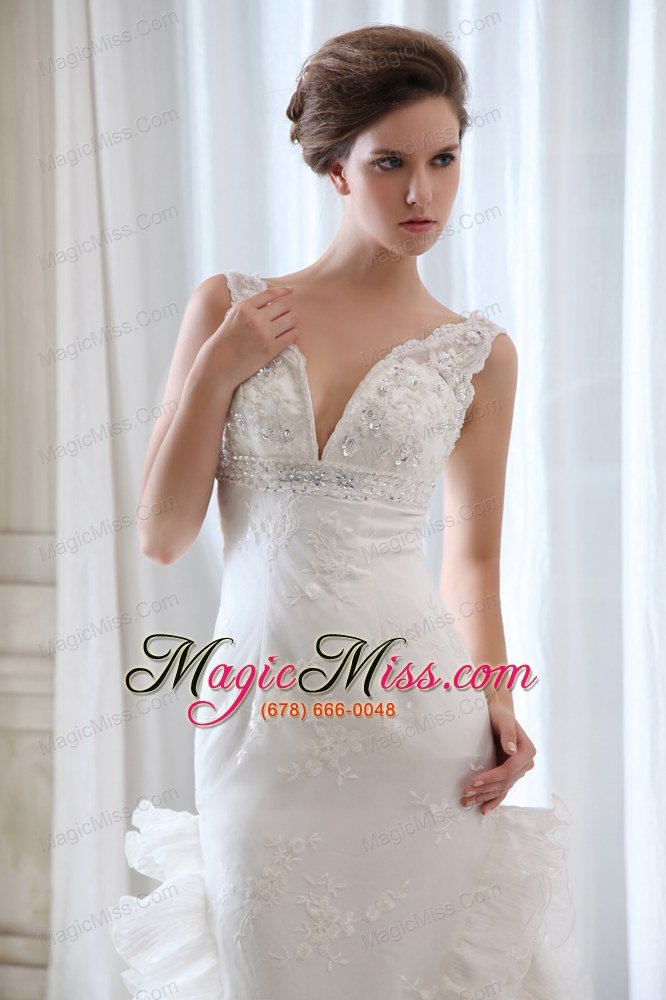 wholesale luxurious mermaid v-neck court train organza beading and appliques wedding dress