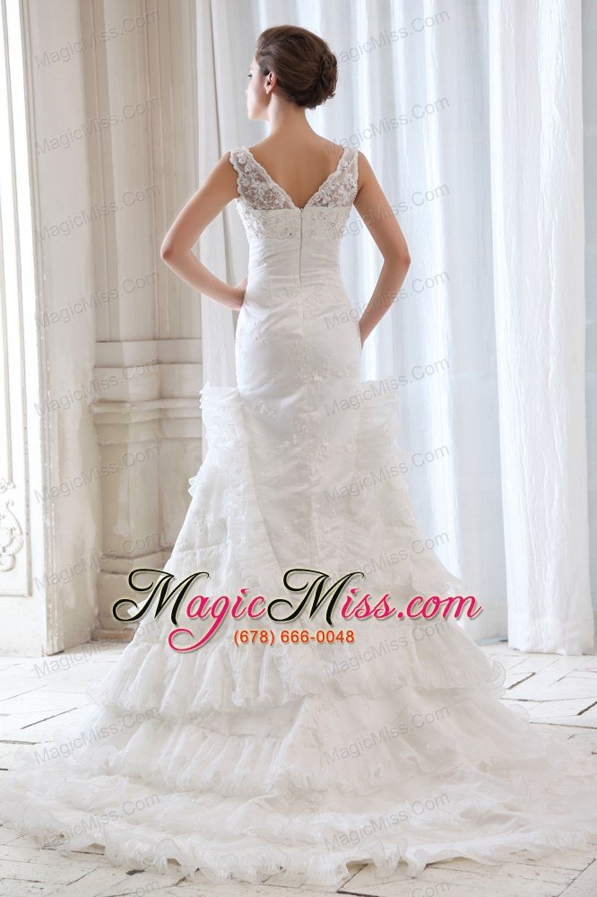 wholesale luxurious mermaid v-neck court train organza beading and appliques wedding dress