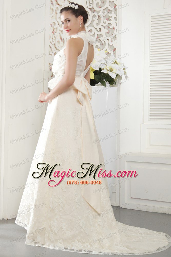 wholesale popular a-line high-neck brush train lace beading and ruch wedding dress
