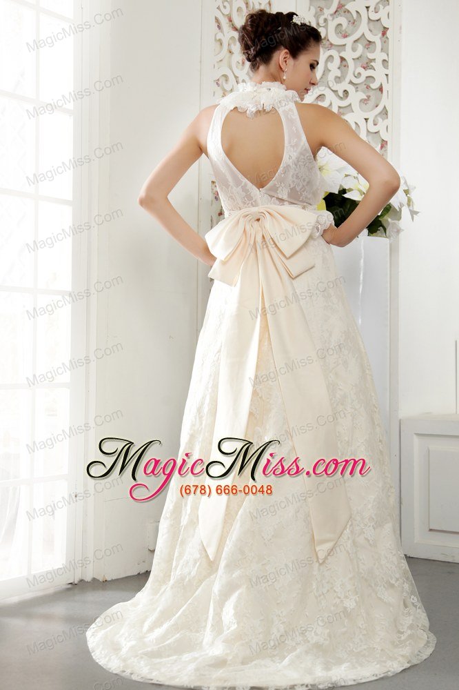 wholesale popular a-line high-neck brush train lace beading and ruch wedding dress