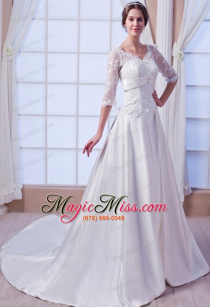 wholesale elegant a-line / princess v-neck court train satin appliques wedding dress