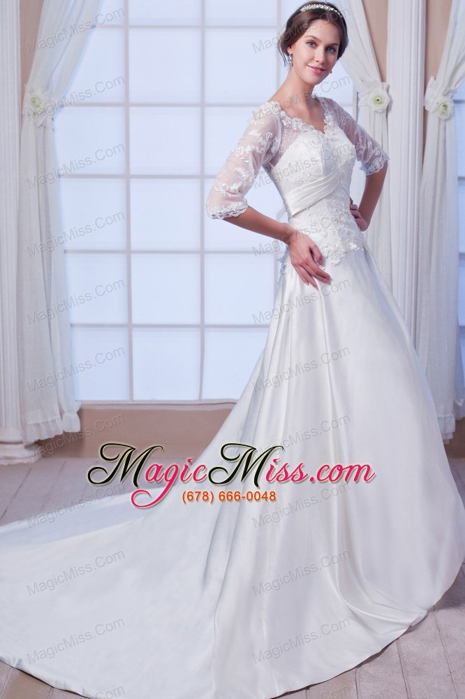 wholesale elegant a-line / princess v-neck court train satin appliques wedding dress