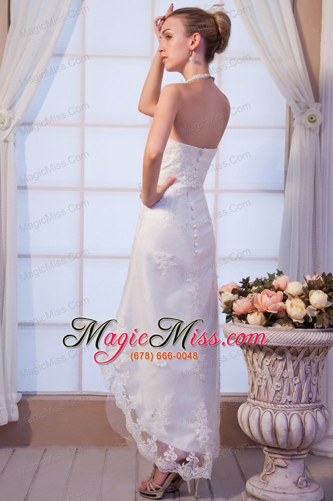 wholesale popular column strapless high-low satin lace wedding dress