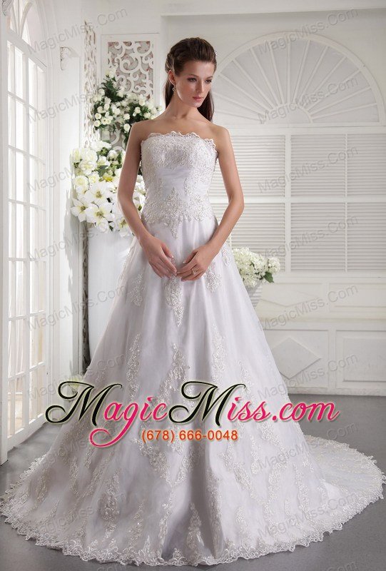 wholesale white a-line / princess strapless chapel train satin and lace beading wedding dress