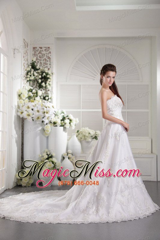 wholesale white a-line / princess strapless chapel train satin and lace beading wedding dress