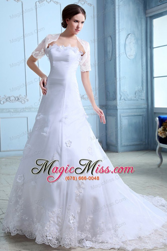 wholesale beautiful a-line strapless court train lace hand made flowers wedding dress