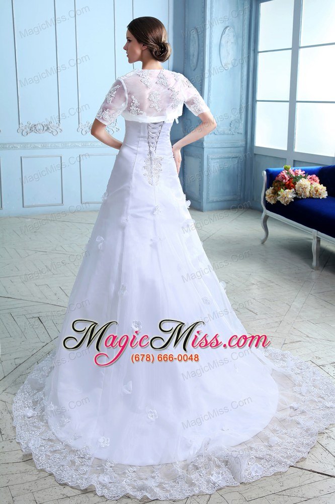 wholesale beautiful a-line strapless court train lace hand made flowers wedding dress