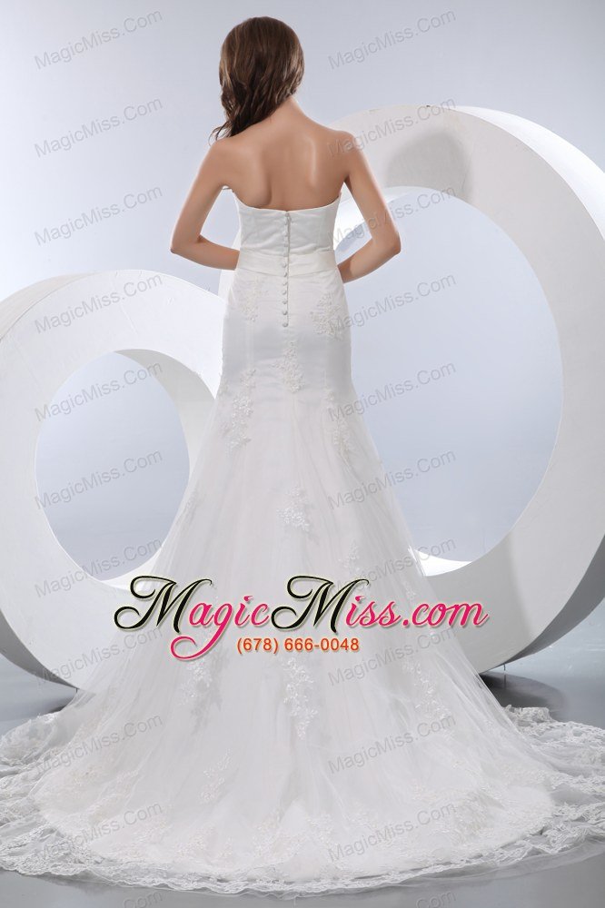 wholesale fashionable mermaid strapless court train satin and lace bow wedding dress