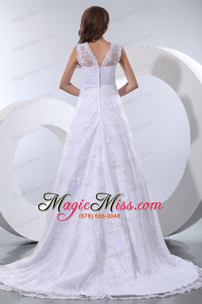 wholesale luxurious a-line v-neck court train taffeta and lace wedding dress