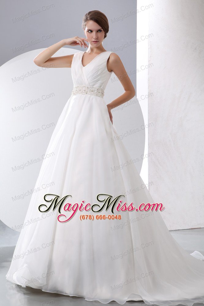 wholesale gergeous a-line v-neck court train taffeta and organza ruch and beading wedding dress