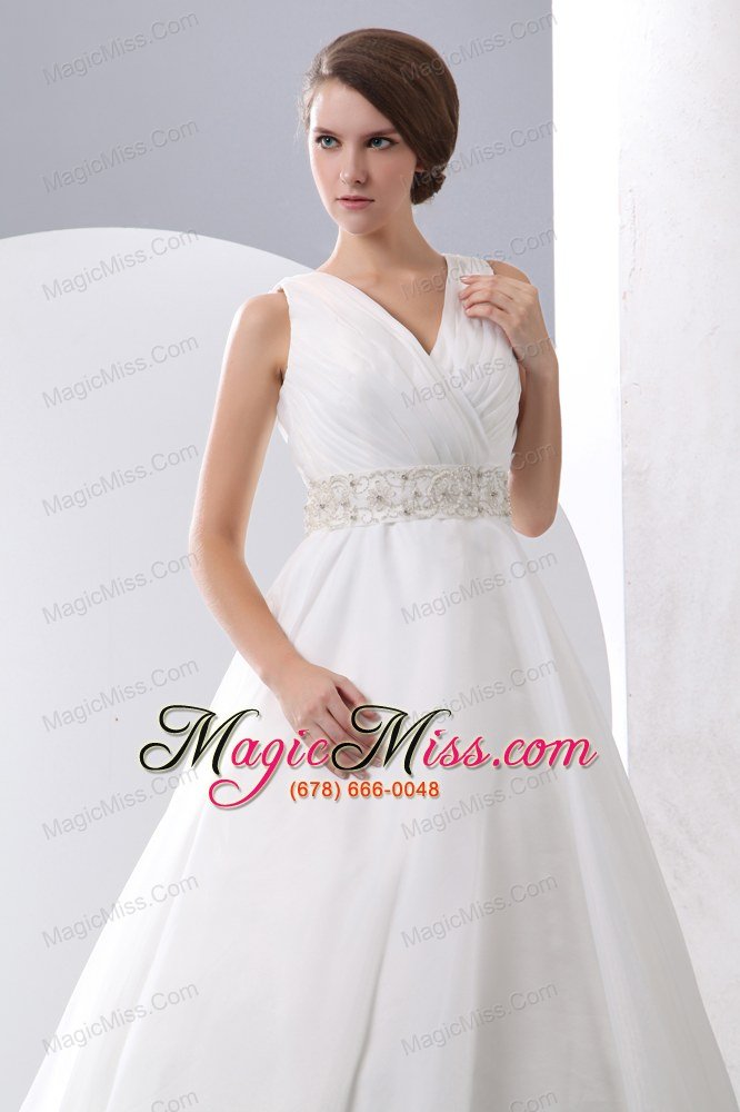 wholesale gergeous a-line v-neck court train taffeta and organza ruch and beading wedding dress