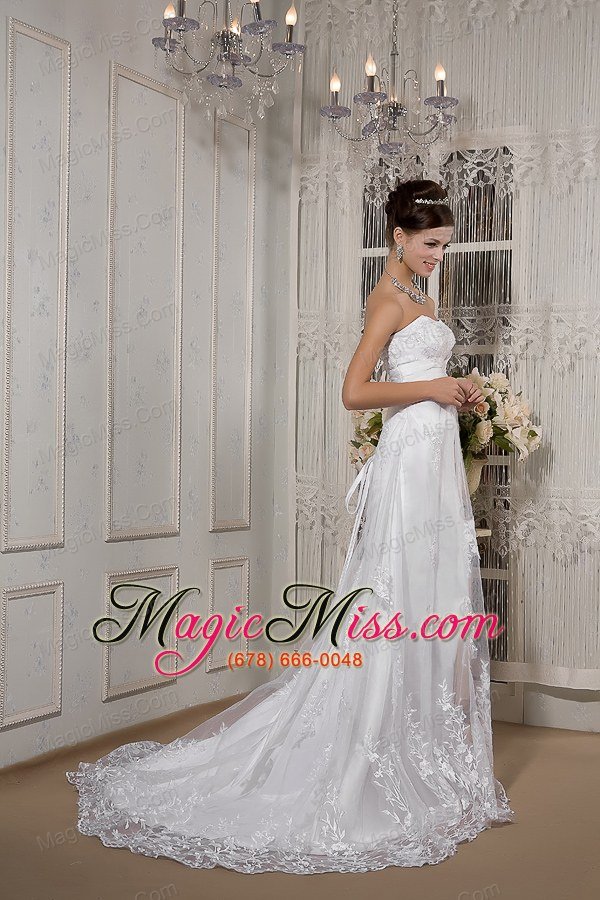 wholesale lovely a-line strapless court train lace sash wedding dress