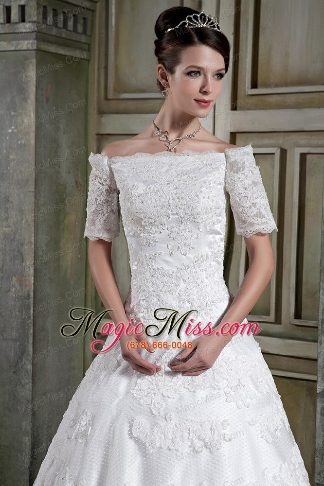 wholesale modest a-line off the shoulder chapel train lace wedding dress