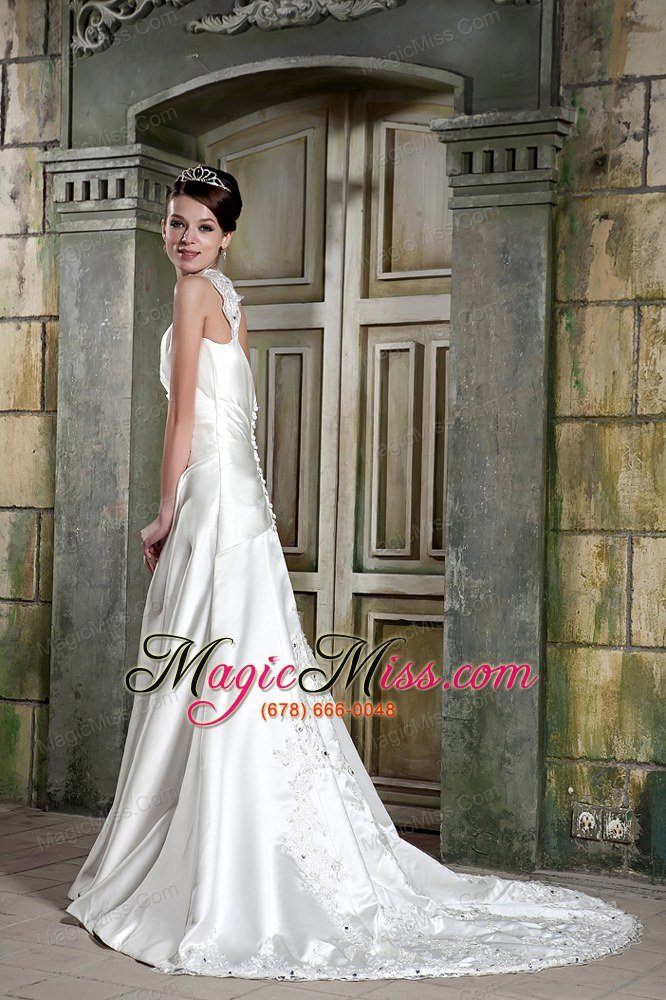wholesale beautiful a-line v-neck court train satin lace wedding dress