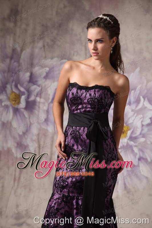 wholesale brand new eggplant purple and black evening dress mermaid strapless lace sashes brush train