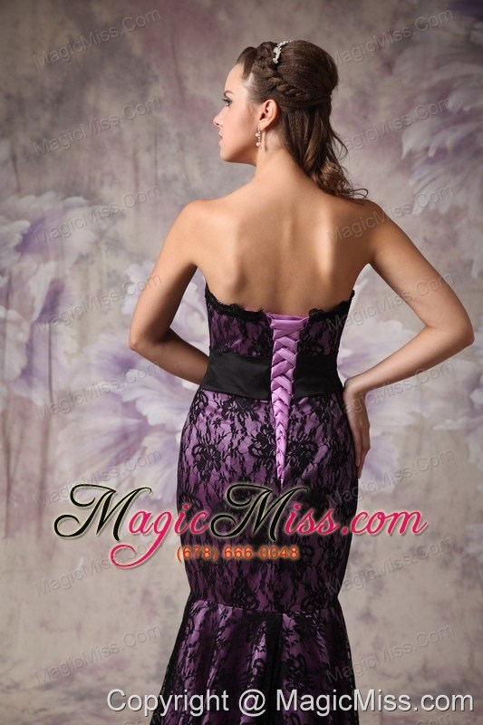 wholesale brand new eggplant purple and black evening dress mermaid strapless lace sashes brush train