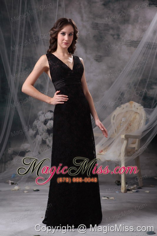 wholesale black column v-neck floor-length lace belt and ruch prom / celebrity dress