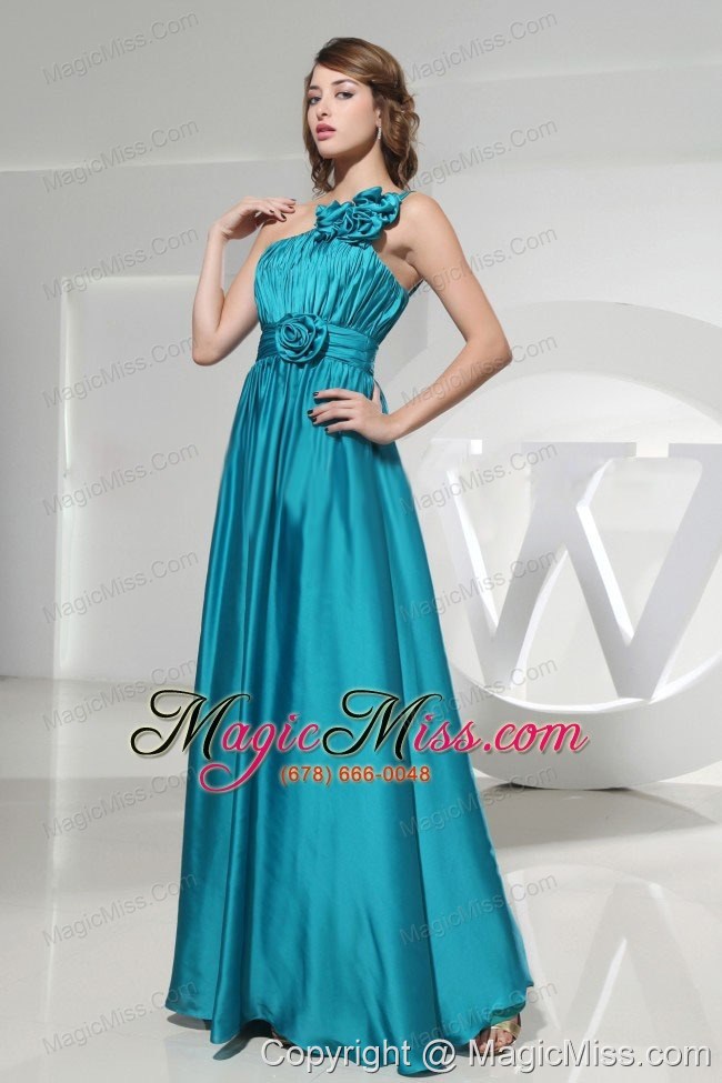 wholesale handle-made flowers elastic woven satin one shoulder empire teal floor-length formal prom dress