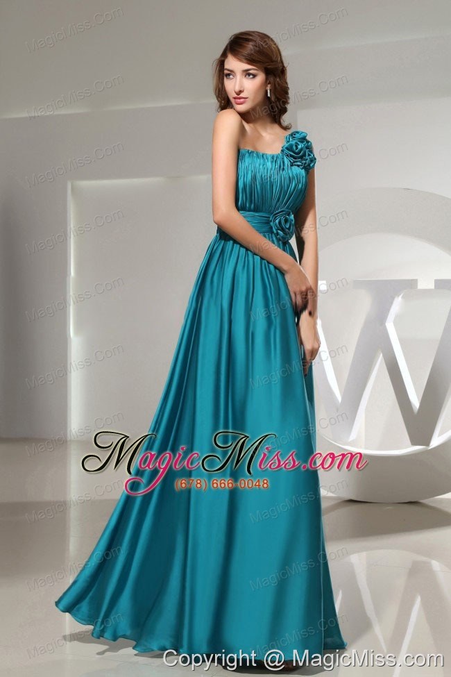 wholesale handle-made flowers elastic woven satin one shoulder empire teal floor-length formal prom dress