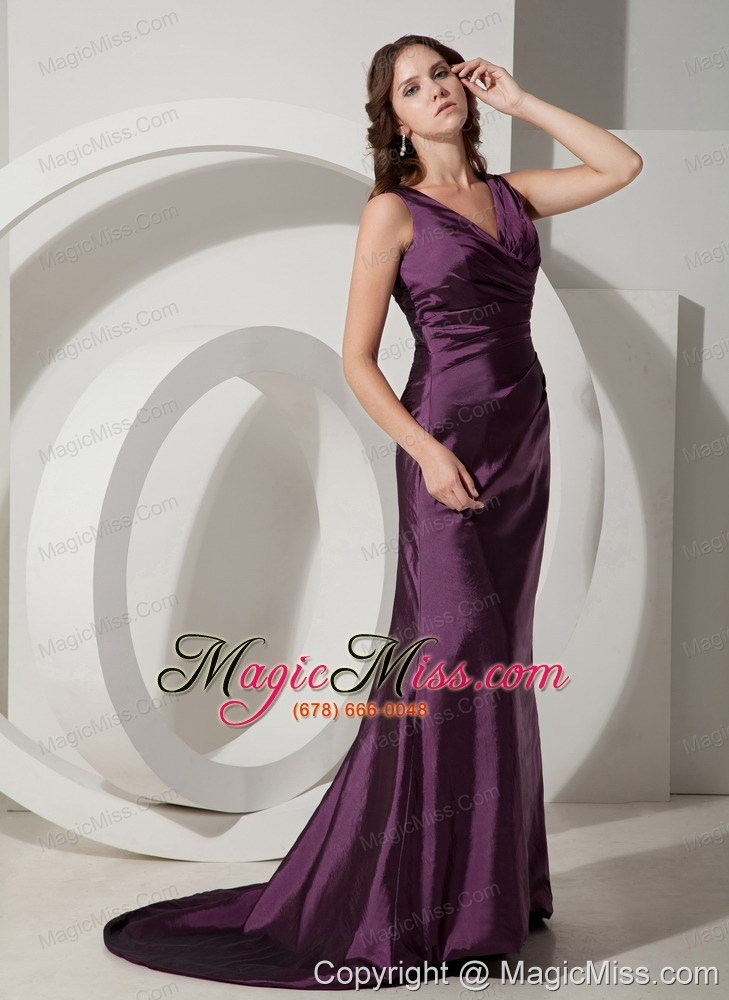 wholesale purple column / sheath v-neck brush/sweep taffeta prom dress
