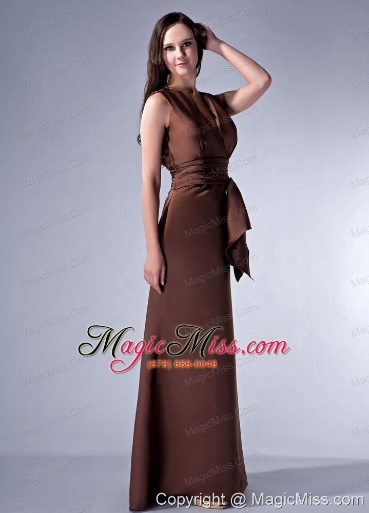 wholesale brown cloumn v-neck floor-length satin ruch bridesmaid dress