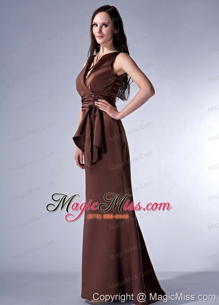 wholesale brown cloumn v-neck floor-length satin ruch bridesmaid dress
