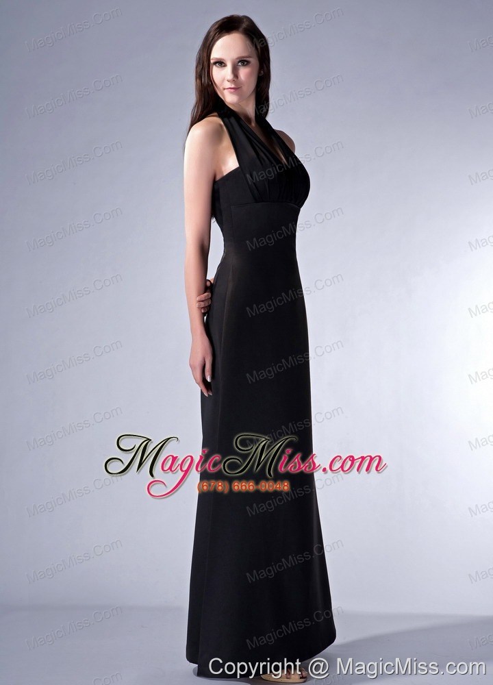 wholesale black cloumn halter ankle-length satin ruch bridesmaid dress