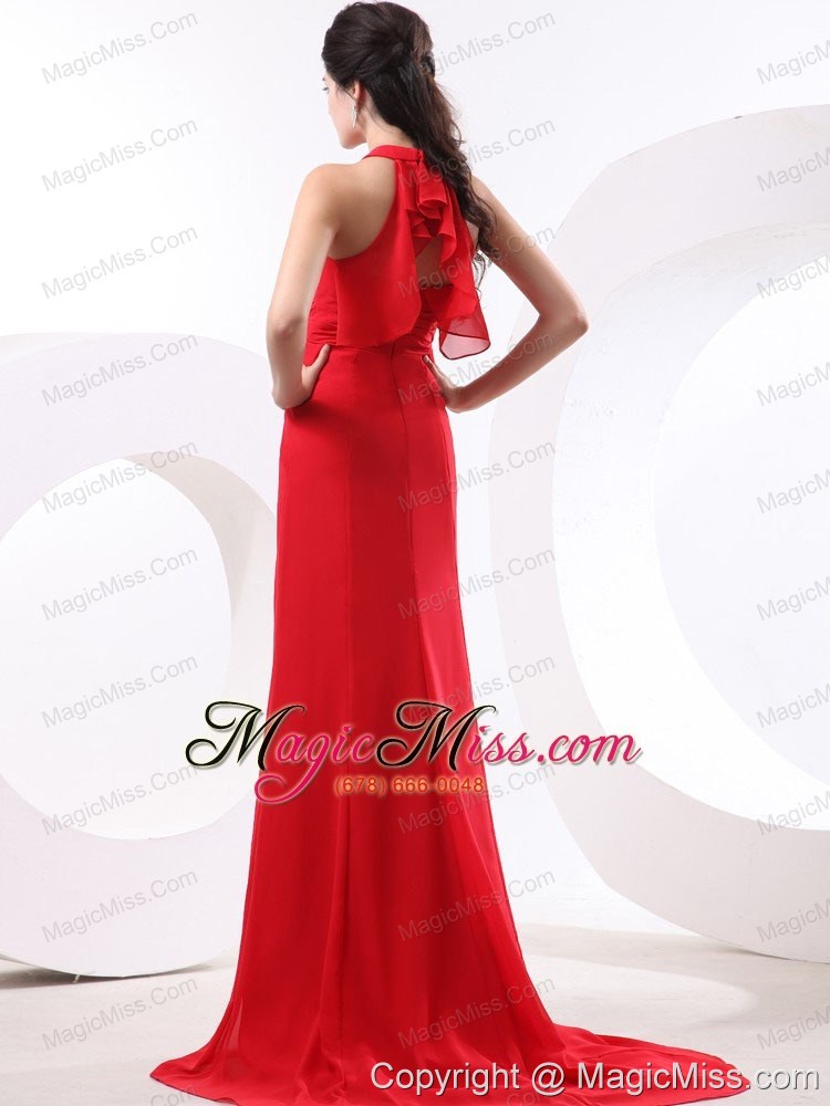 wholesale red column prom dress with halter brush train for custom made