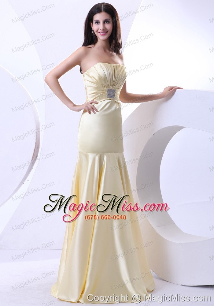 wholesale beading strapless floor-length light yellow elastic woven satin 2013 prom dress