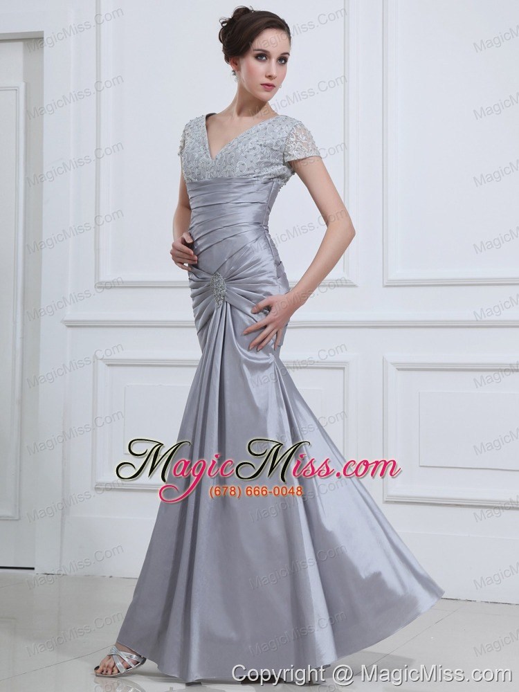 wholesale beading v-neck mermaid taffeta ankle-length prom dress grey