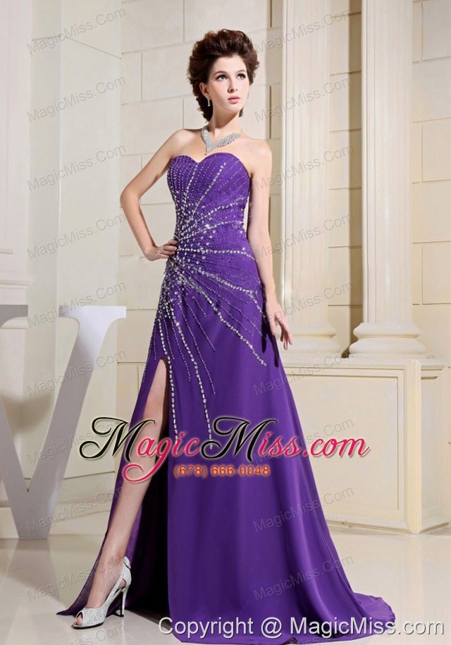wholesale purple prom / evening dress with beading and high slit brush train