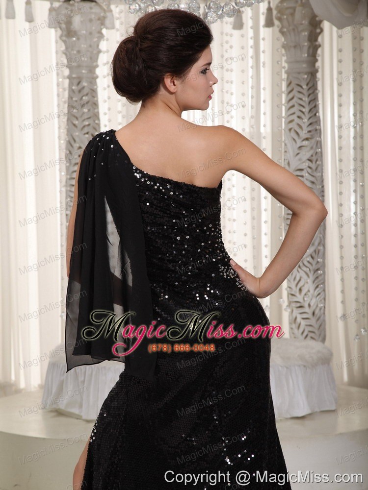 wholesale black column one shoulder watteau train sequined prom dress