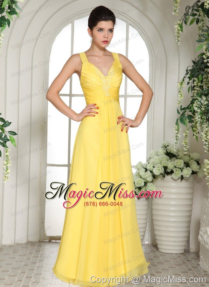 wholesale yellow straps prom dress with appliques for custom made in crosslake