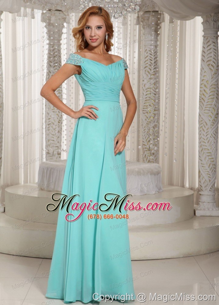 wholesale simple aque blue off the shoulder ruched bodice customize prom dress with beading chiffon 2013