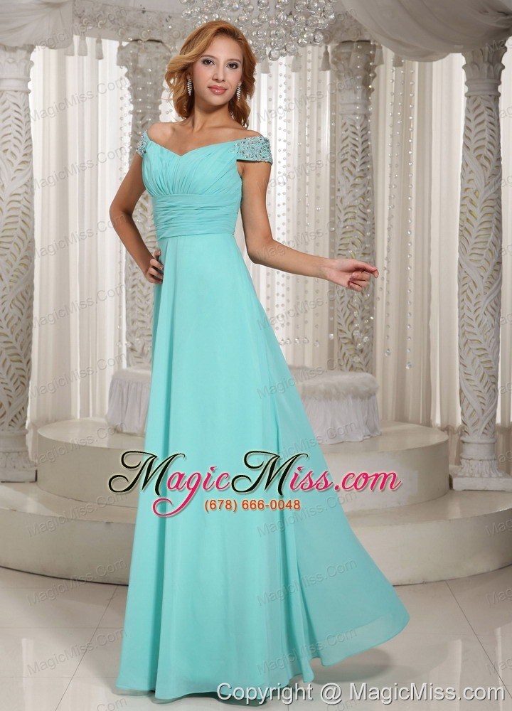 wholesale simple aque blue off the shoulder ruched bodice customize prom dress with beading chiffon 2013