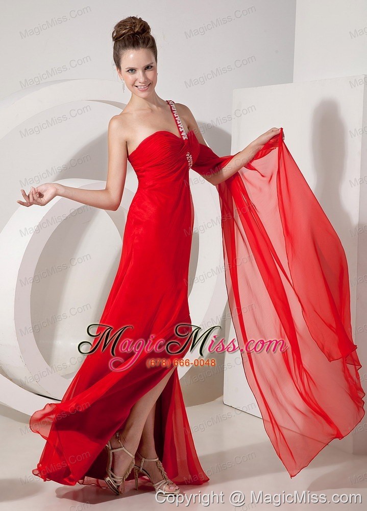 wholesale red empire one shoulder watteau train chiffon beading prom / evening dress