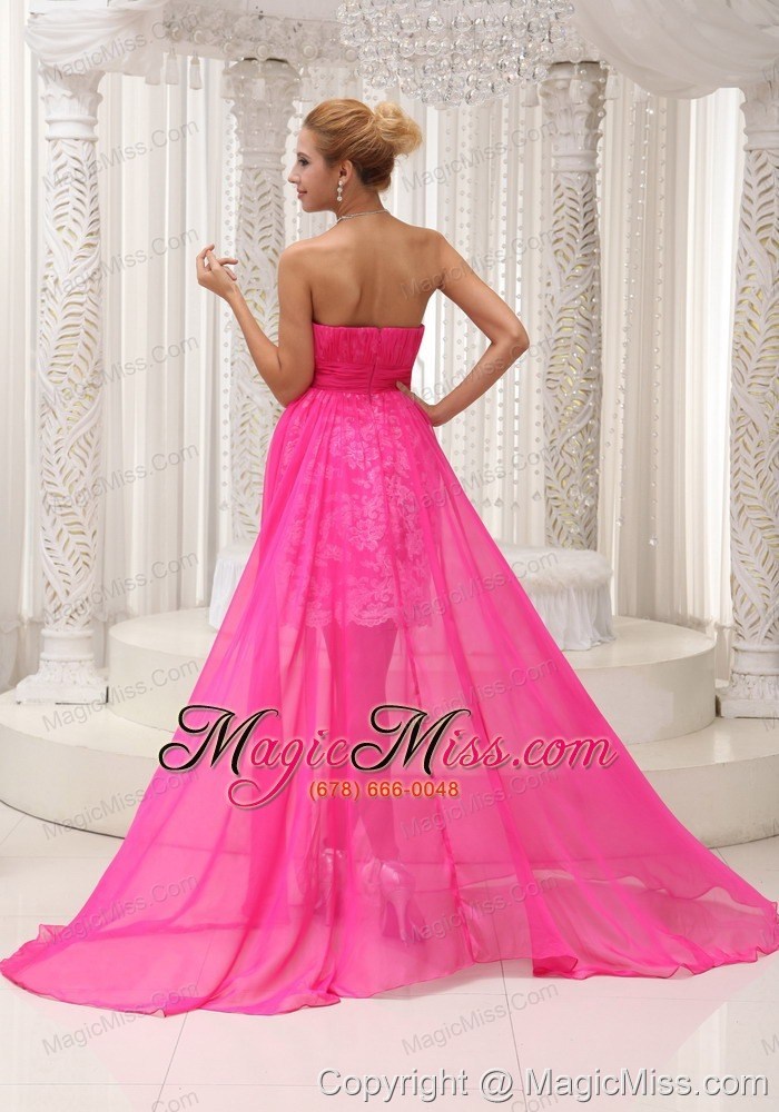 wholesale hot pink high-low prom dress for 2013 ruched bodice chiffon strapless lace