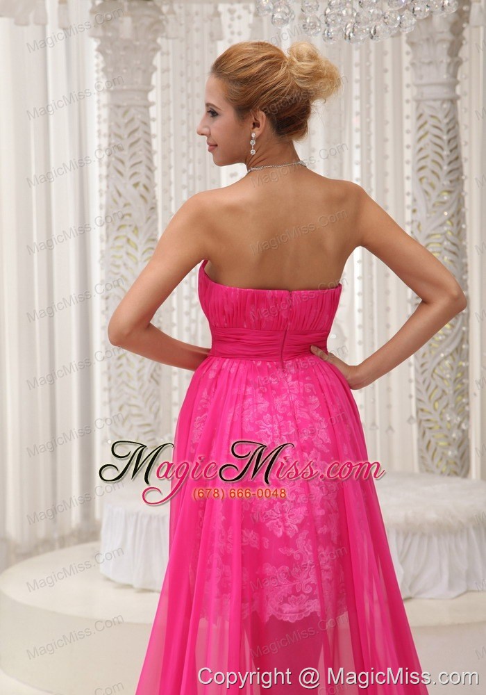 wholesale hot pink high-low prom dress for 2013 ruched bodice chiffon strapless lace
