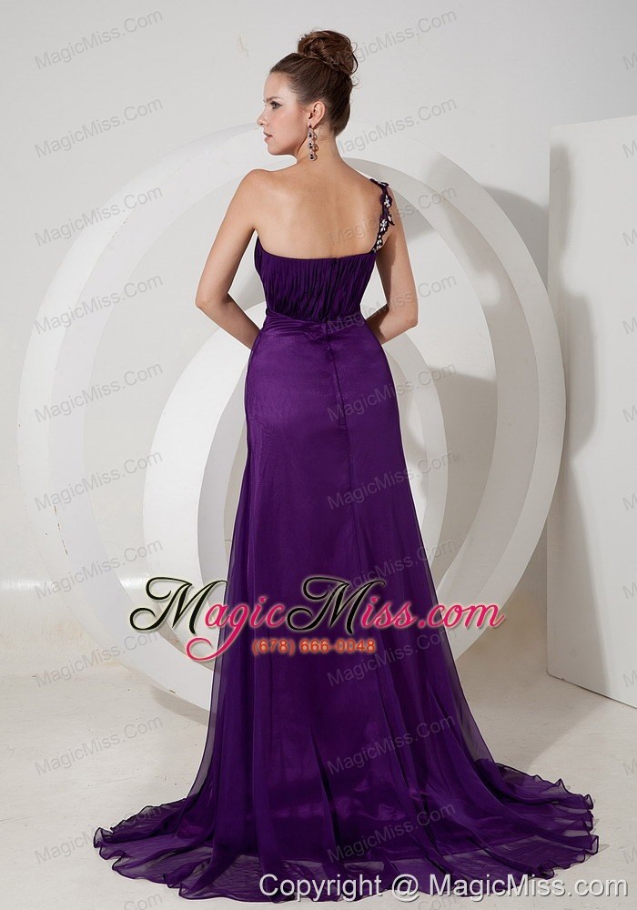 wholesale purple empire one shoulder brush train chiffon appliques prom / evening dress