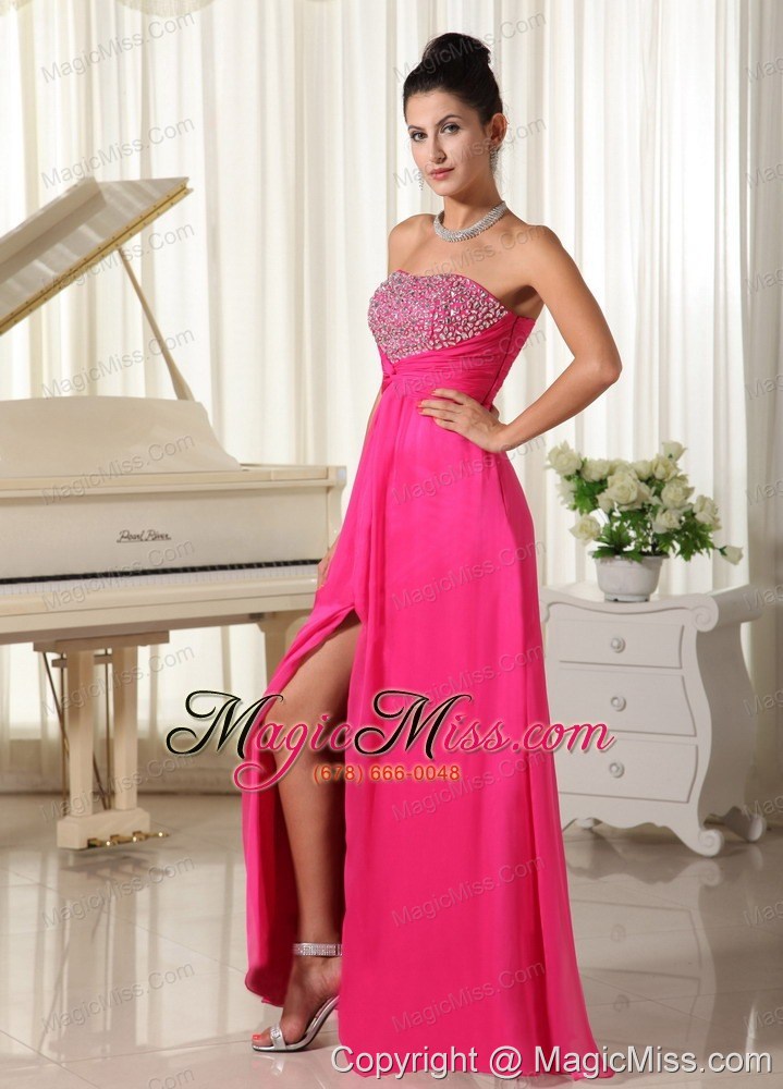 wholesale high slit strapless and beaded decorate bust hot pink prom dress