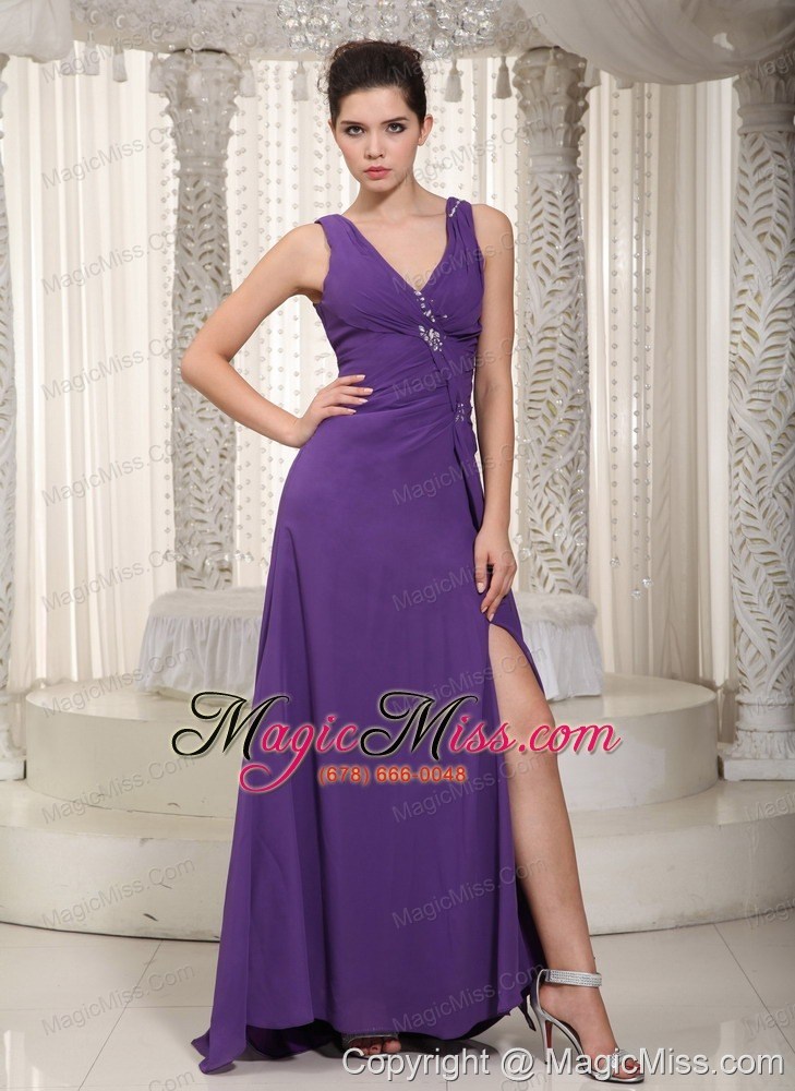 wholesale purple empire v-neck floor-length chiffon beading prom / pageant dress